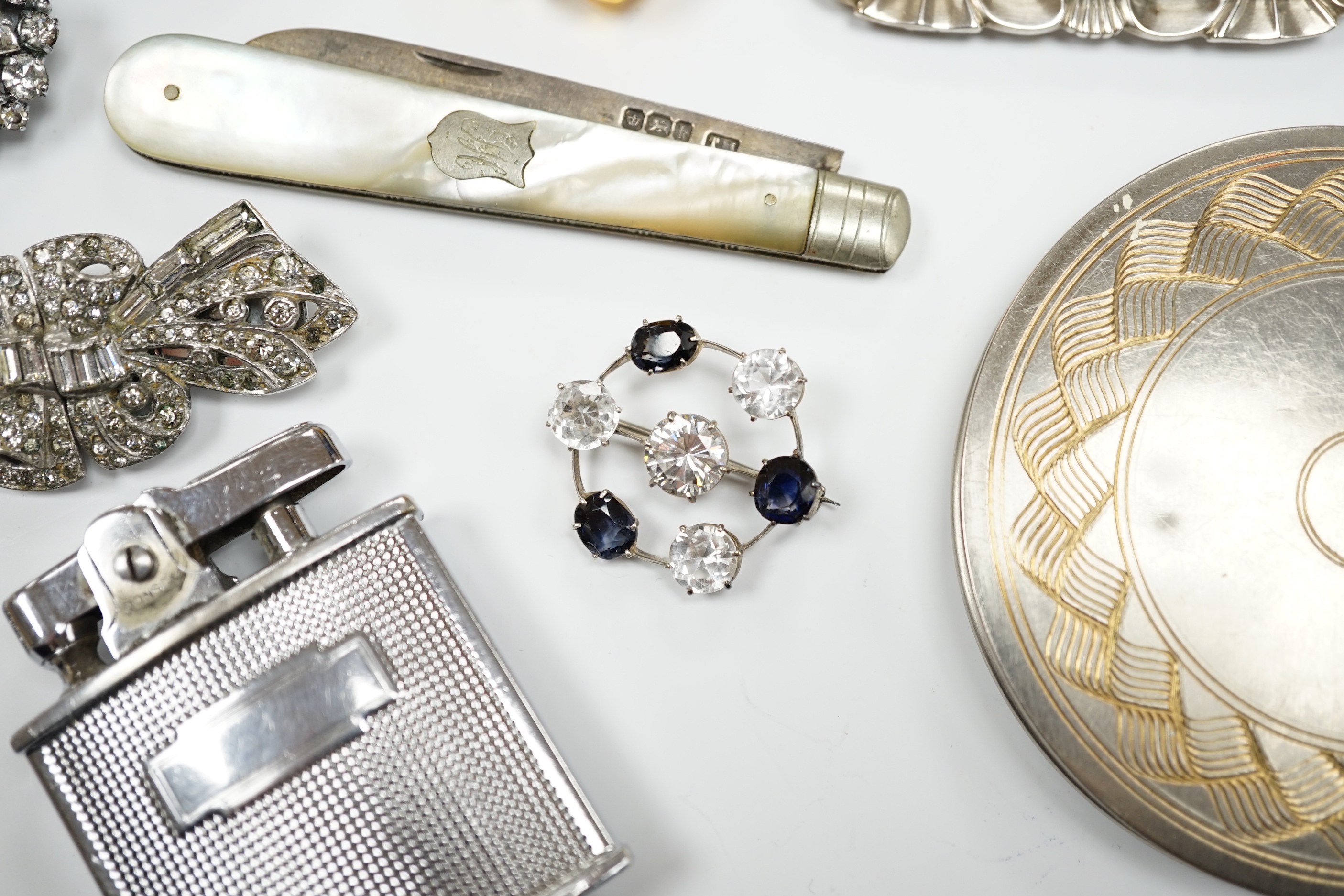 Assorted paste set jewellery etc and other items including compacts and a Ronson lighter.